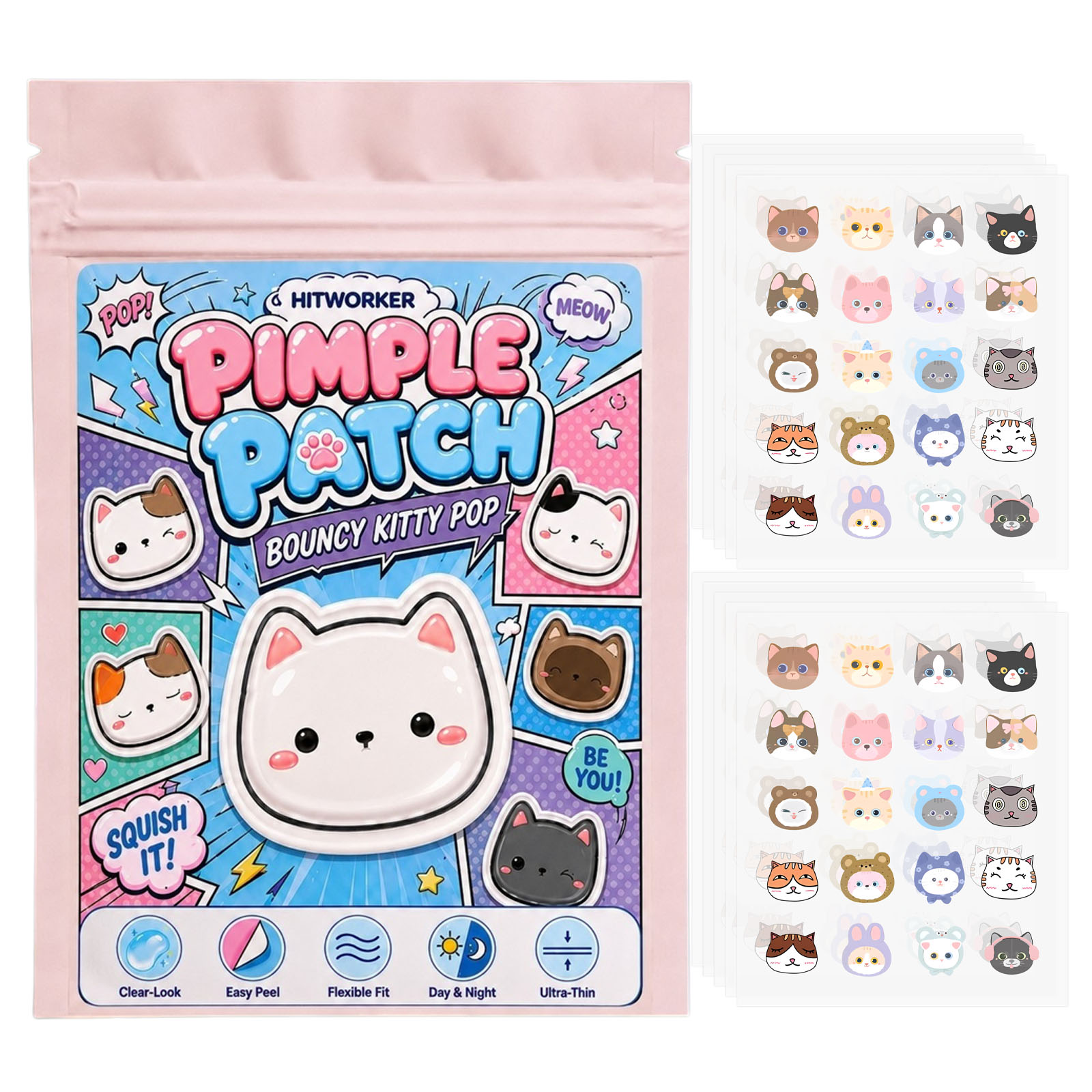 Hydrocolloid Acne Patch - 100개 귀여운 고양이 모양 여드름 패치,